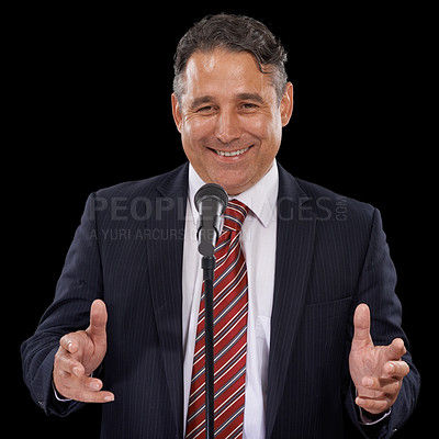 Buy stock photo Microphone, speech and business man on black background for presentation, speaker and seminar. Professional, public speaking and worker talking for conference, tradeshow and communication in studio