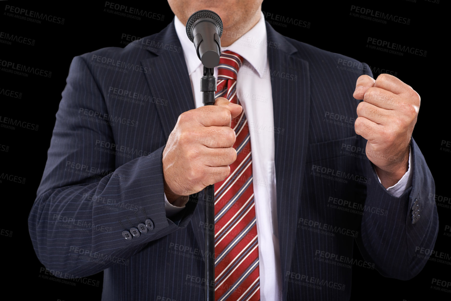 Buy stock photo Microphone, speech and hands of business man on black background for presentation, speaker and seminar. Leader, public speaking and person talking for conference, tradeshow or communication in studio