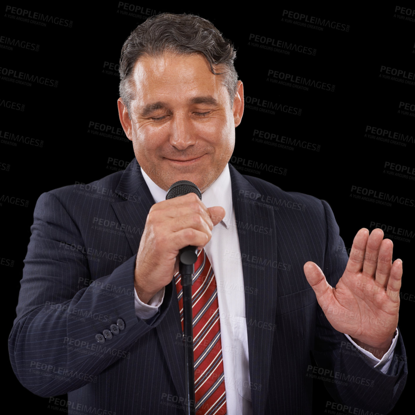 Buy stock photo Microphone, speaker and business man on black background for presentation, speech and seminar. Professional, public speaking and worker talking for conference, tradeshow and communication in studio