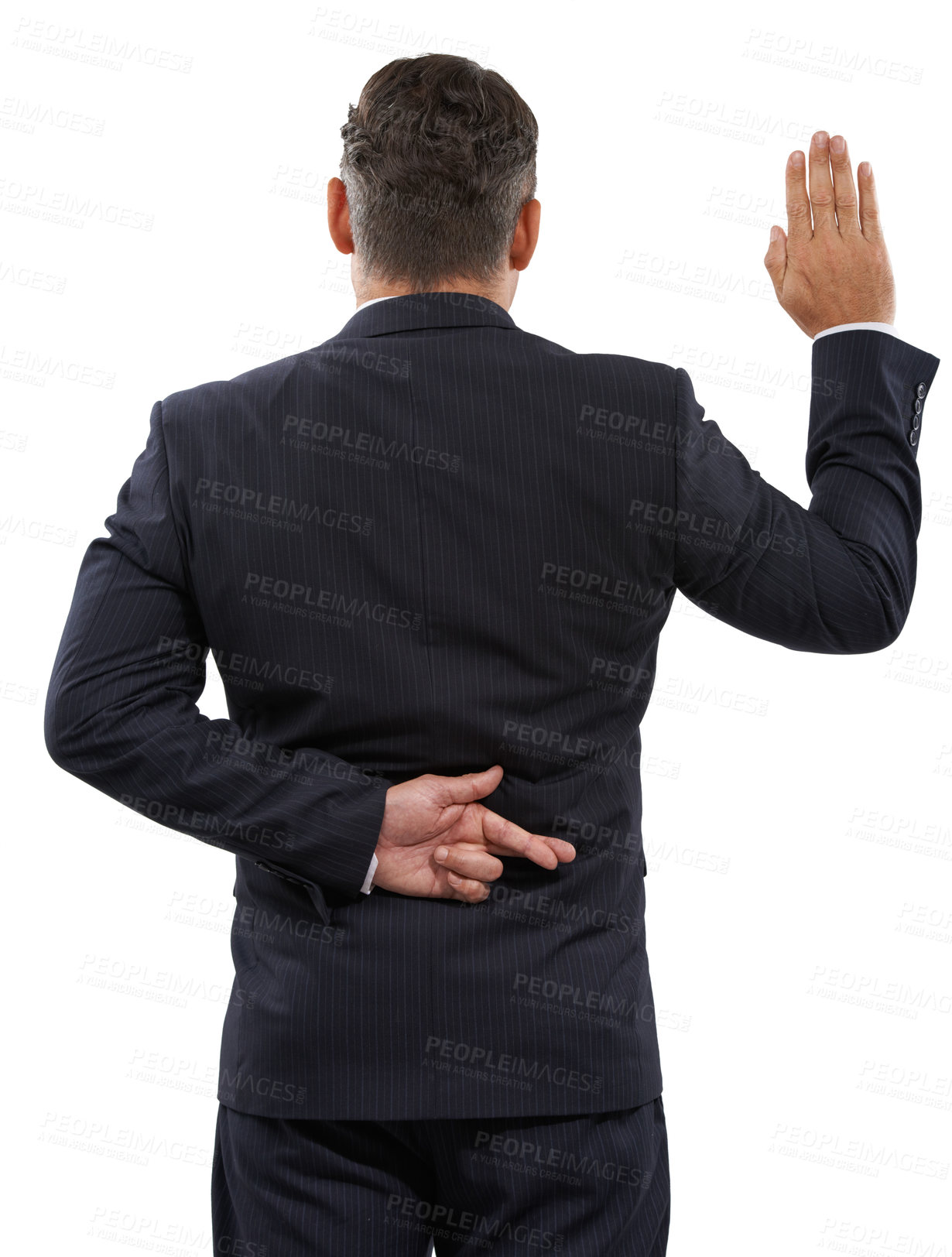 Buy stock photo Rearview of a mature man swearing an oath with his fingers crossed behind his back
