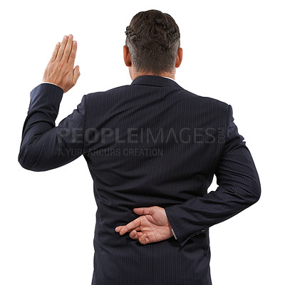 Buy stock photo Fingers crossed, back and man with oath, liar and corruption isolated on a studio white background. Person, lawyer and government official with hand gesture, scam or dishonest with testimony or lying
