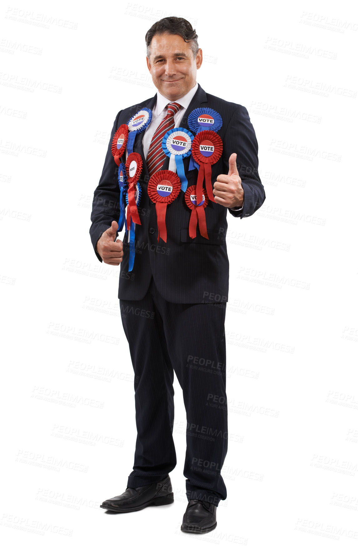 Buy stock photo Portrait of a friendly looking politician wearing voting ribbons and giving you the thumbs up