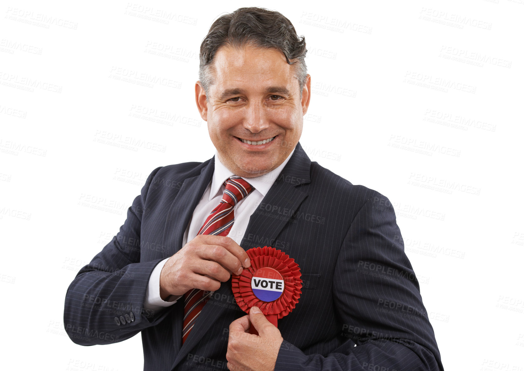 Buy stock photo Man, vote and portrait for election, ribbon and politician for support, government and politics. Elections, voter choice and representative for party, registration and democracy for voting register
