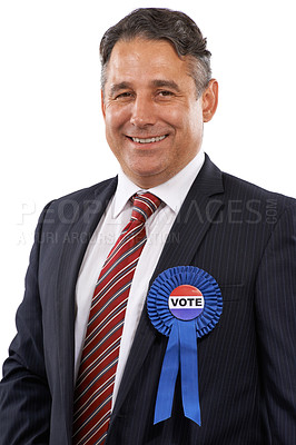Buy stock photo Portrait of a man in a suit with a voting ribbon on a white background