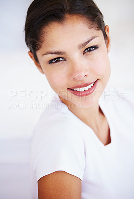 Buy stock photo Happy, beauty and portrait of Asian woman on a white background with cosmetics, wellness and skincare. Dermatology, health and isolated face of person with smile, natural glow and confident in studio