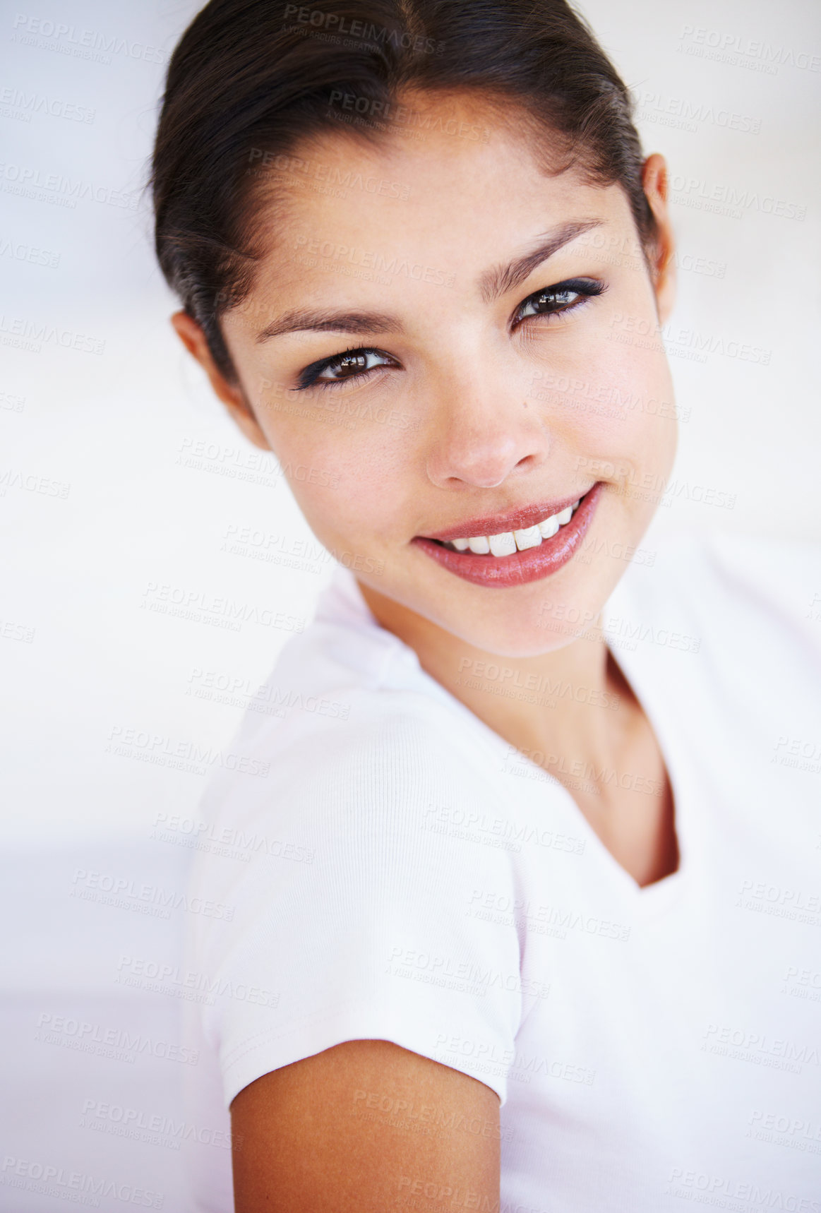 Buy stock photo Happy, beauty and portrait of Asian woman on a white background with cosmetics, wellness and skincare. Dermatology, health and isolated face of person with smile, natural glow and confident in studio