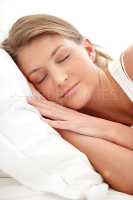 Buy stock photo Sleeping, morning and relax with woman in bedroom for resting, calm and tired. Dreaming, comfortable and weekend with female person nap in bed at home for weekend, peaceful and exhausted