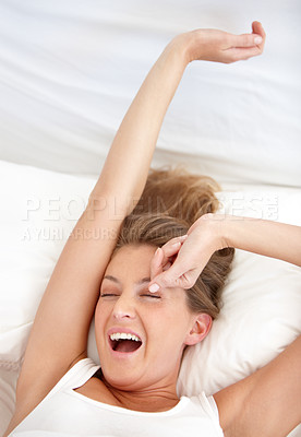 Buy stock photo Morning, wake up and woman stretching, yawning and relax with happiness, start the day and break. Bedroom, home and girl with lazy weekend, nap and calm with pillow, resting and carefree with peace