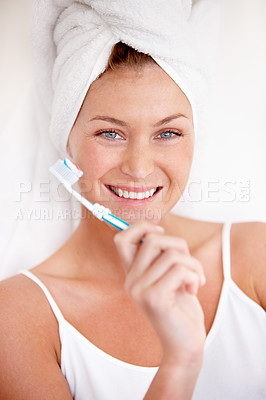 Buy stock photo Portrait, happy woman and brushing teeth with shower towel for healthy dental wellness. Face of female person cleaning mouth with toothbrush, toothpaste and fresh breath of smile, cosmetics and care