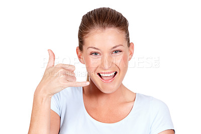 Buy stock photo Portrait, woman and excited to call me with hands, white background and communication in isolated studio. Happy face, female model and telephone calling sign, contact gesture and emoji for connection