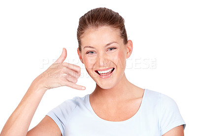 Buy stock photo Portrait, woman and call me with smile, white background and hands for communication in isolated studio. Happy face, female model and telephone sign for talking, contact or connection of conversation