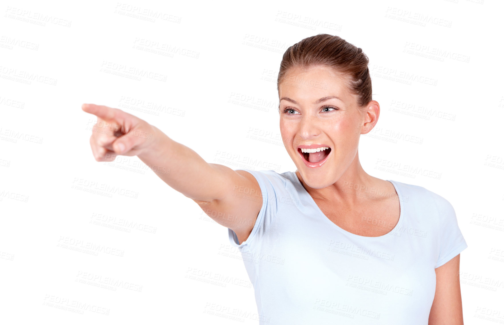 Buy stock photo Studio, excited and woman point at advertising news, sales promotion or wow discount information, direction or commercial. Smile, advertisement and person gesture at announcement on white background