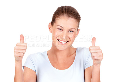 Buy stock photo Happy woman, portrait smile and thumbs up for winning, success or good job against a white studio background. Female person smiling showing thumb emoji, yes sign or like for approval or agreement