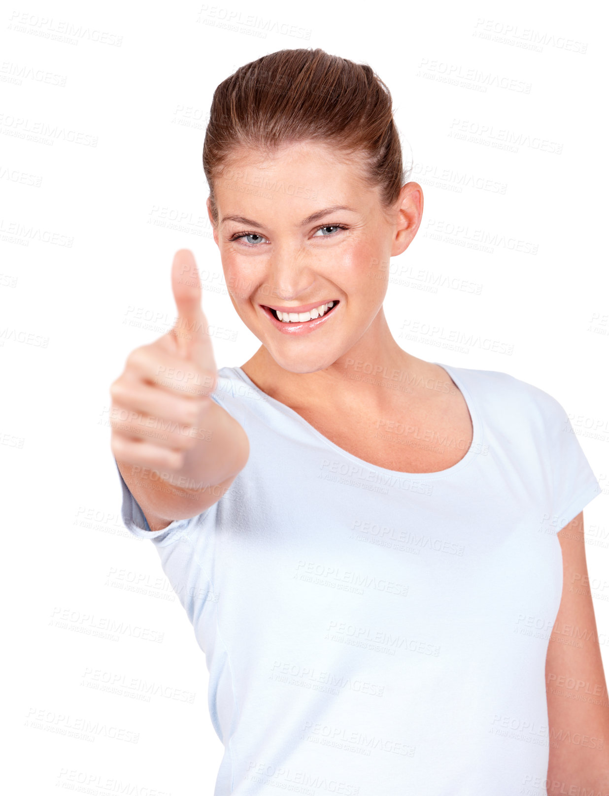Buy stock photo Happy woman, portrait smile and thumbs up for good job, winning or success against a white studio background. Female person smiling showing thumb emoji, yes sign or like for approval or agreement