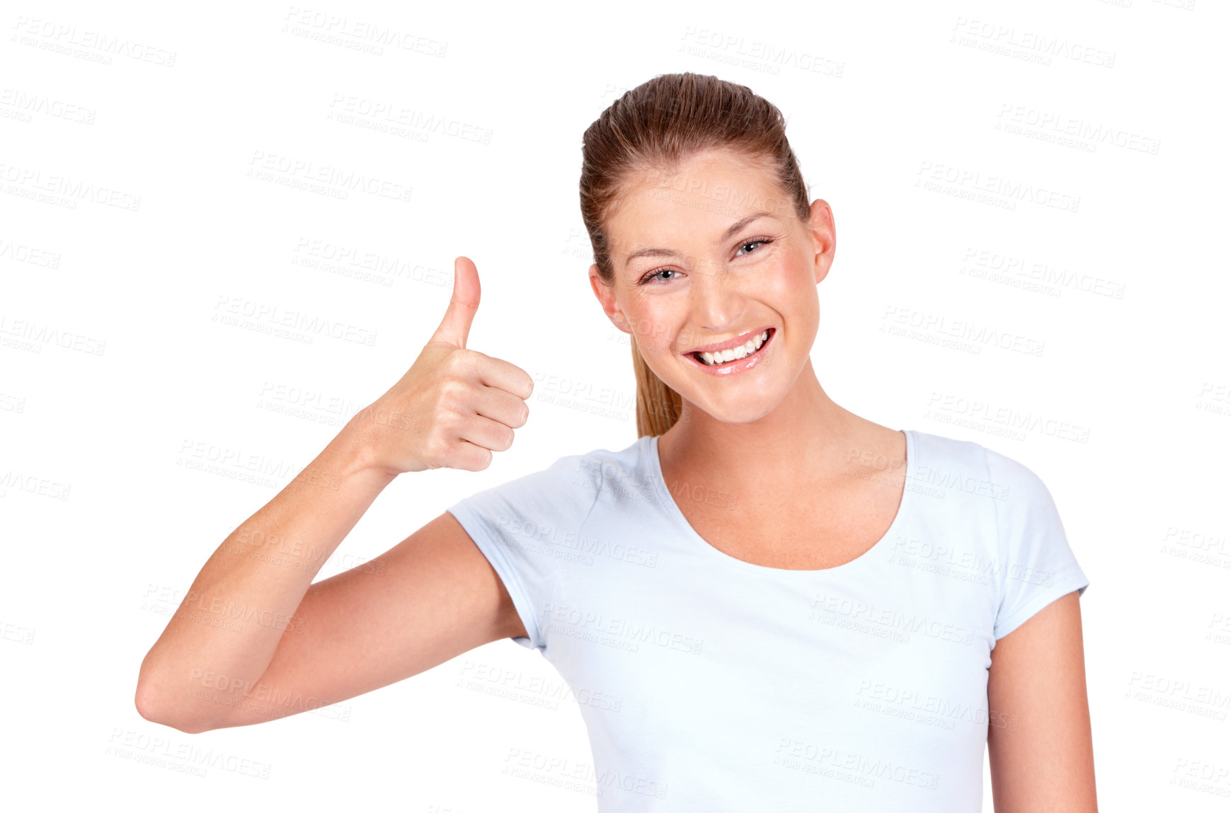Buy stock photo Happy woman, portrait and hand in thumbs up for winning, success or good job against a white studio background. Female person smiling showing thumb emoji, yes sign or like for approval or agreement