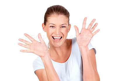 Buy stock photo Excited, open hands and portrait of woman in studio for good news, winner announcement and success. Emoji, hand gesture and face of person for celebration, winning and happy on white background