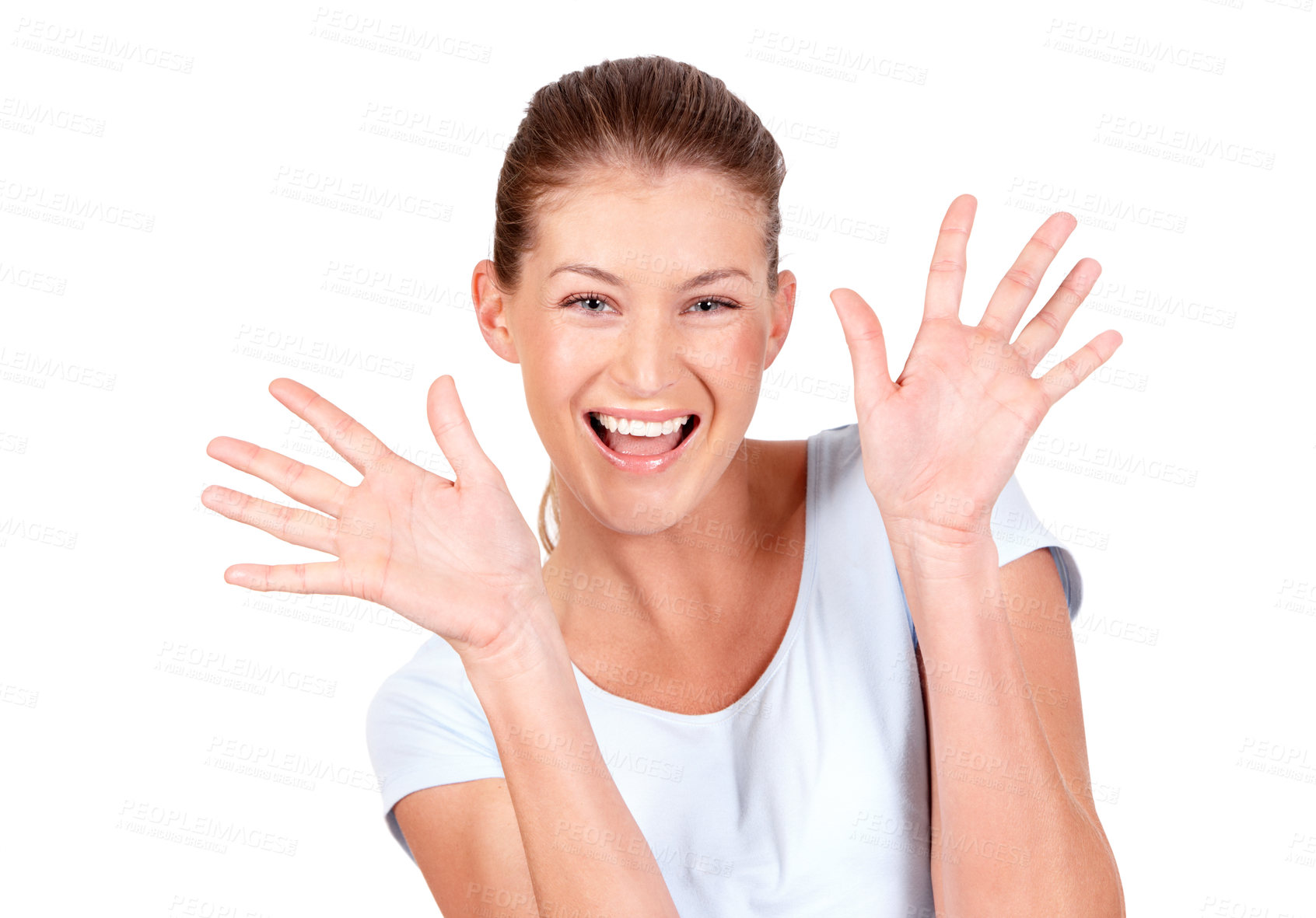 Buy stock photo Excited, open hands and portrait of woman in studio for good news, winner announcement and success. Emoji, hand gesture and face of person for celebration, winning and happy on white background