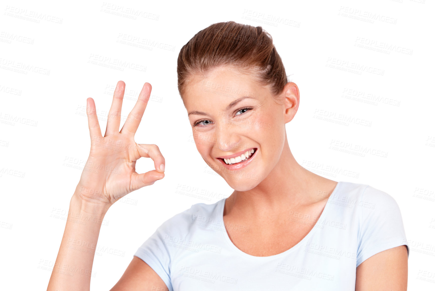 Buy stock photo Ok hands, portrait and happy woman in studio, isolated white background and vote of good review. Female model, smile and okay for success, agreement and icon for support, yes emoji and thank you sign