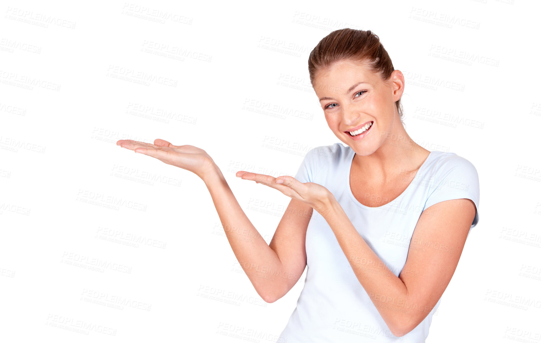 Buy stock photo Happy woman, portrait and advertising offer with hands on isolated white background, information and studio mockup. Female model gesture to announcement, commercial promotion or branding presentation