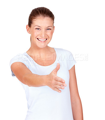 Buy stock photo Handshake, offer and portrait of happy woman in white background, isolated studio and hello. Female model stretching for shaking hands, welcome and thank you for introduction, meeting and agreement