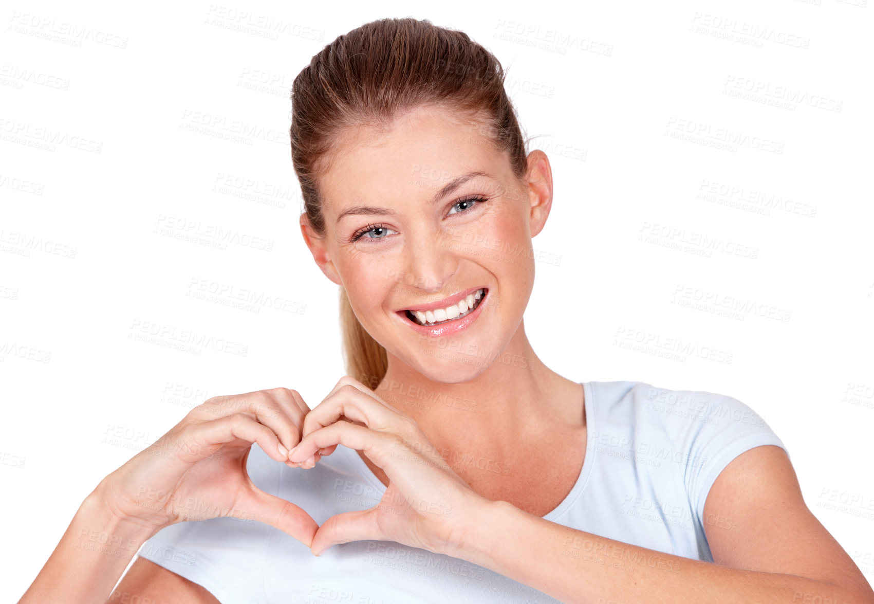 Buy stock photo Love, care and portrait of woman doing heart sign, shape or gesture with hands isolated on a white studio background. Happy, casual and female person with happiness, care and kindness signal