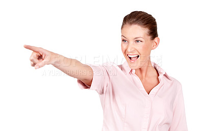 Buy stock photo Happy woman, excited and pointing at studio advertising news, sales promotion or discount information, choice or presentation. Smile, ads and model gesture at service notification on white background