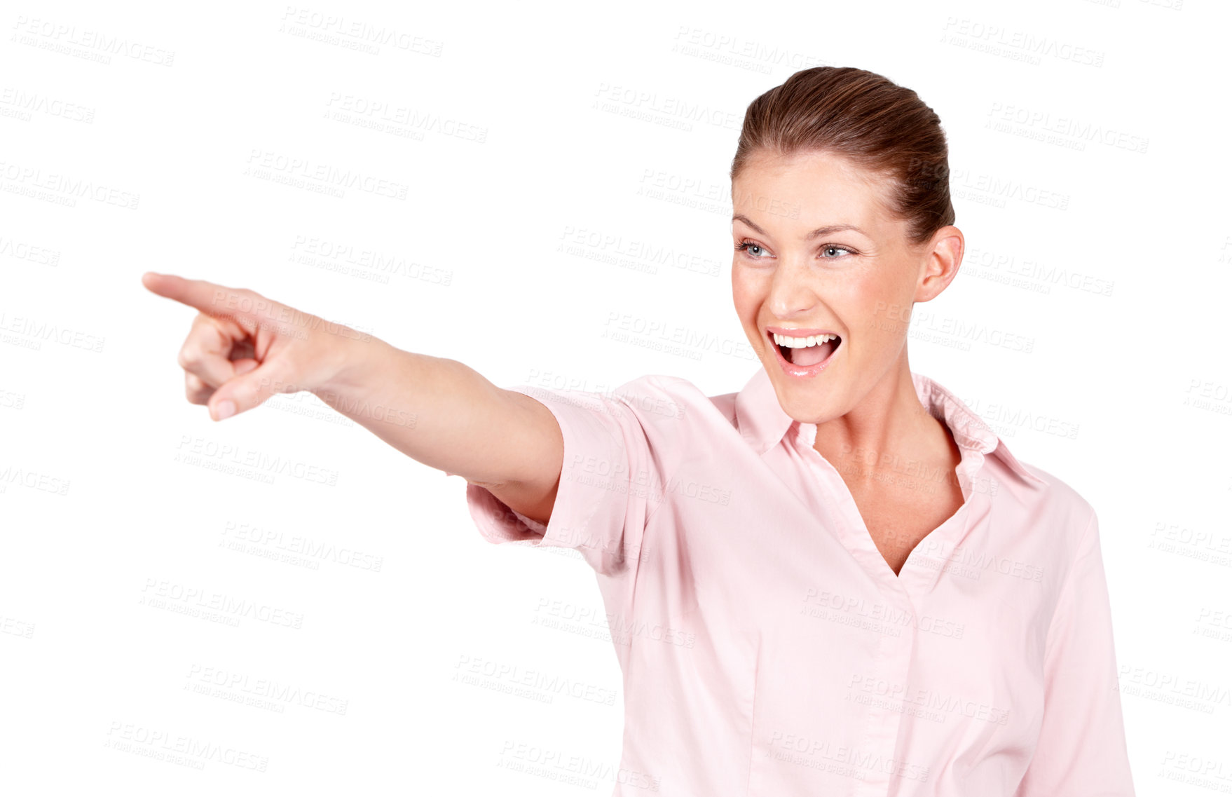 Buy stock photo Happy woman, excited and pointing at studio advertising news, sales promotion or discount information, choice or presentation. Smile, ads and model gesture at service notification on white background