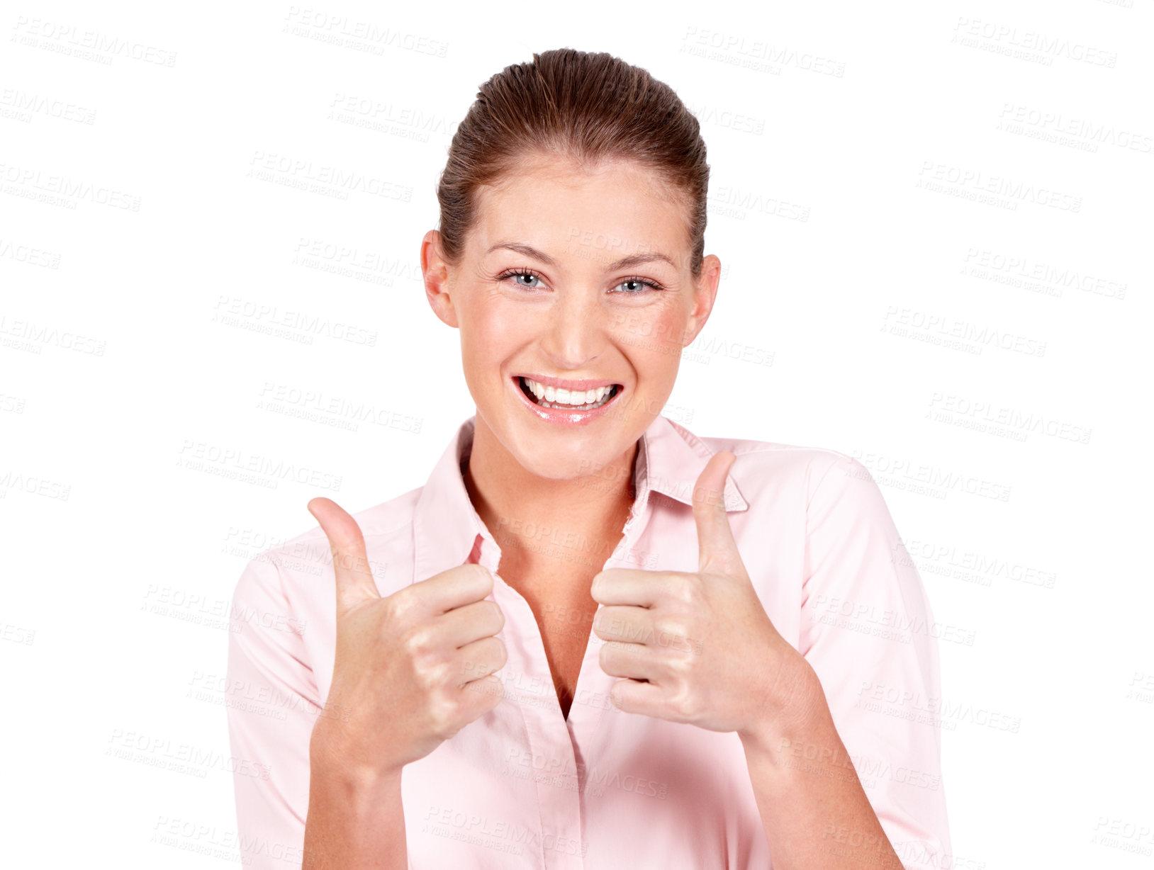 Buy stock photo Happy woman, portrait and hands in thumbs up for winning, success or good job against a white studio background. Female person smiling showing thumb emoji, yes sign or like for approval or agreement