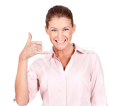 Buy stock photo Portrait, happy woman and call me hand gesture in white background, isolated studio and communication. Face of female model, calling sign and telephone emoji for connection, contact us and smile 