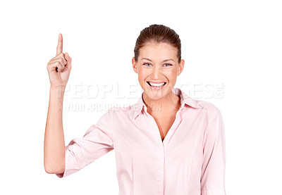Buy stock photo Happy woman, portrait smile or pointing up at studio ads, sale launch or discount promotion deal, choice or presentation. Commercial, direction or coming soon service notification on white background