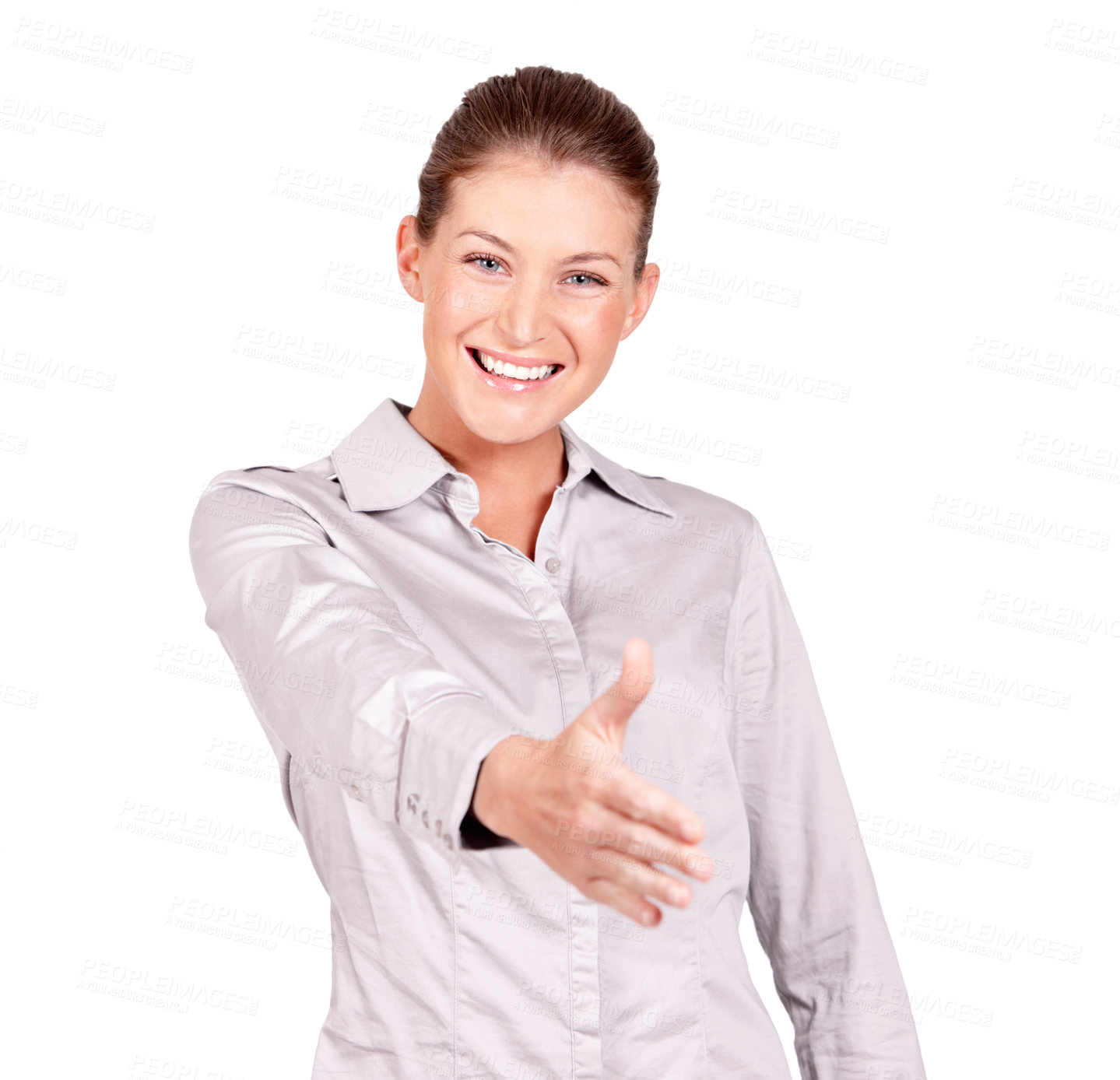 Buy stock photo Portrait, happy woman and deal for shaking hands in studio, isolated white background and trust. Female model stretching for handshake, welcome and thank you for opportunity, networking and agreement