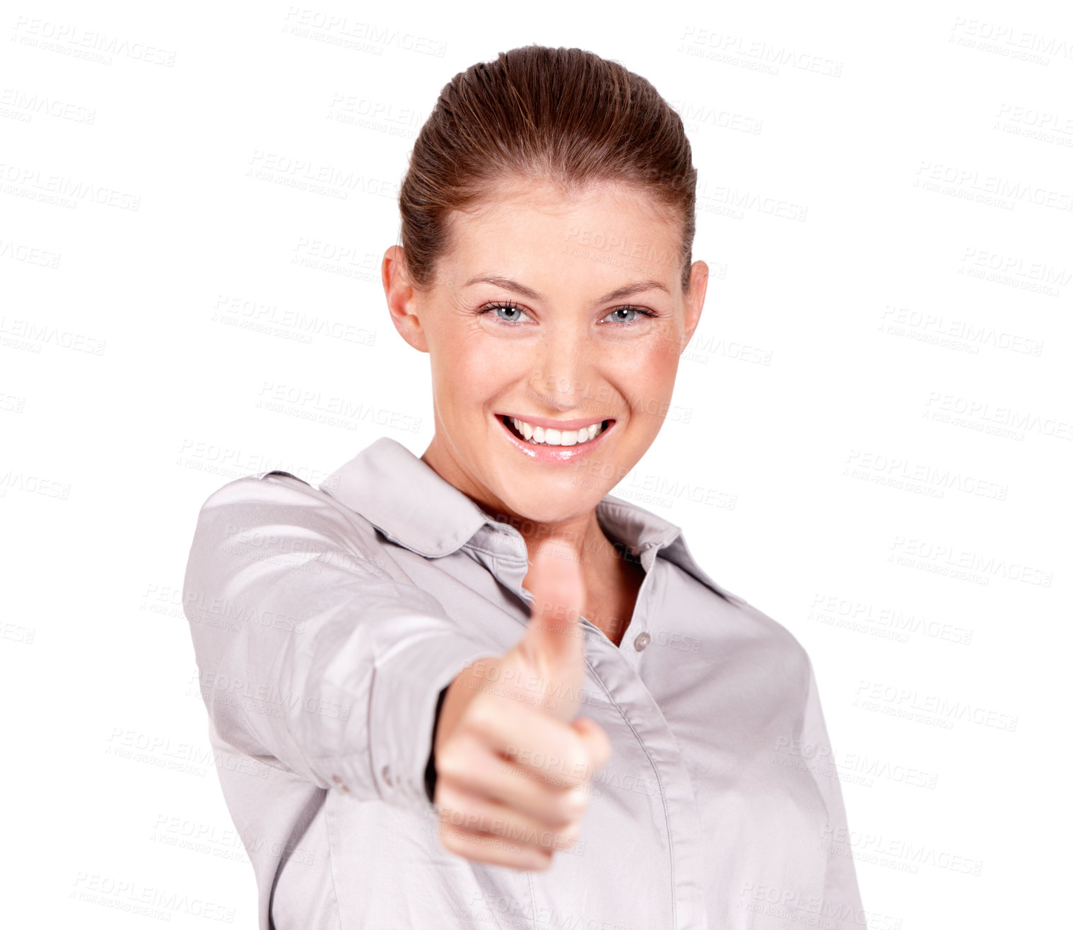 Buy stock photo Happy woman, portrait and hand in thumbs up for success, winning or good job against a white studio background. Female person smiling showing thumb emoji, yes sign or like for approval or agreement