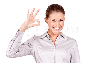 Buy stock photo Okay hands, portrait and happy woman isolated in white background, studio and good review. Female model, smile and ok feedback in agreement, support and yes icon for emoji sign, thank you and trust