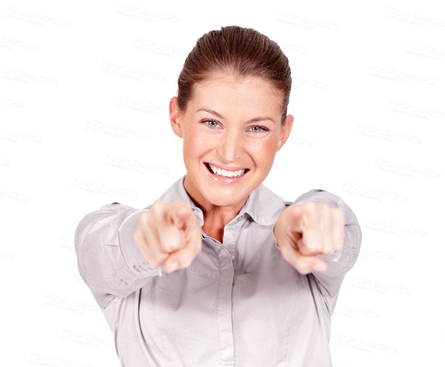 Buy stock photo Portrait, happy woman and pointing finger to you in white background, isolated studio and decision. Face of female model, smile and gesture forward for hiring, emoji and hand direction of opportunity