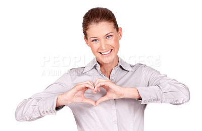 Buy stock photo Love, kindness and portrait of woman doing heart sign, shape or gesture with hands isolated in a white studio background. Hope, casual and female employee with happiness, care and happy signal