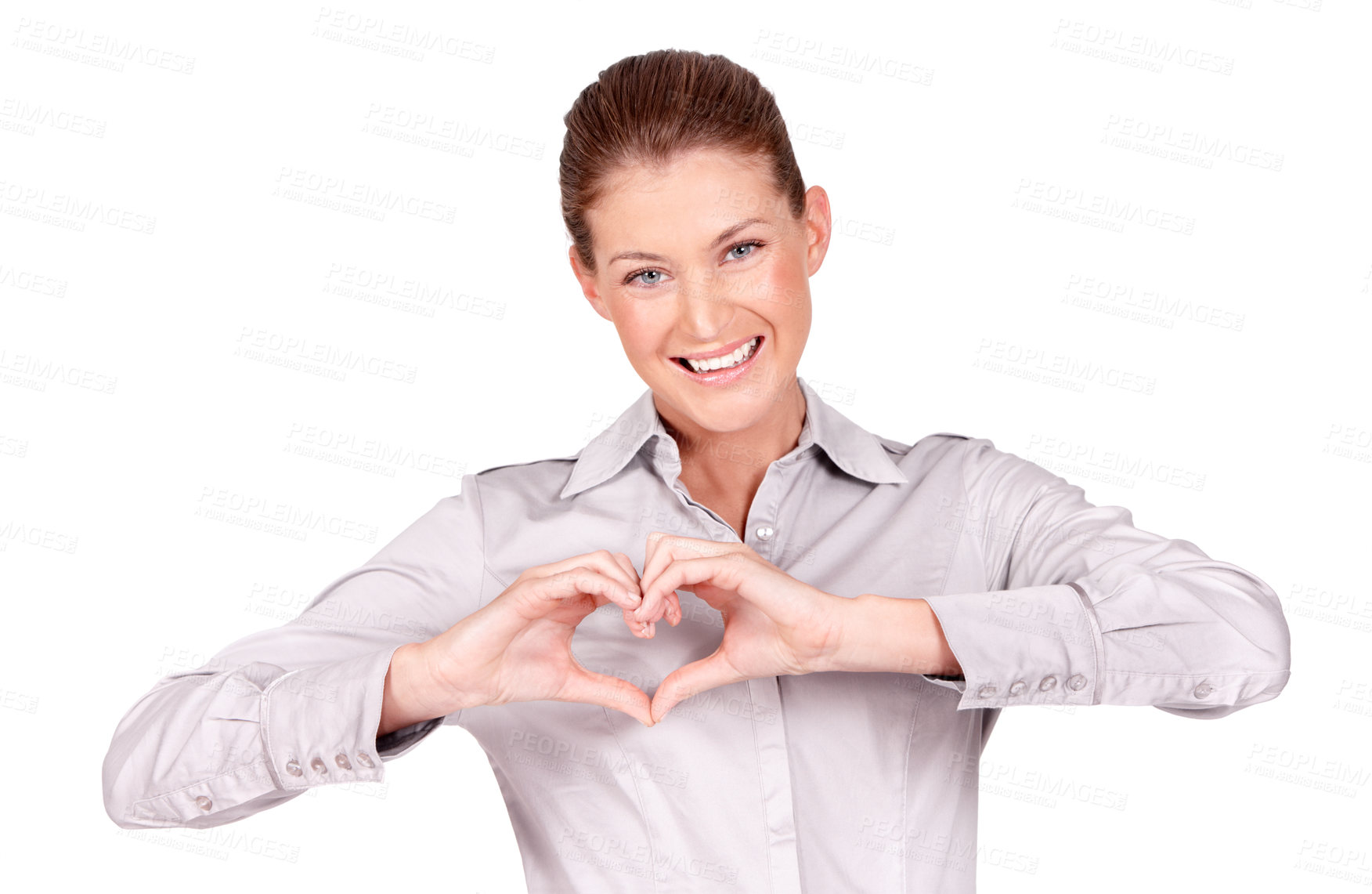Buy stock photo Love, kindness and portrait of woman doing heart sign, shape or gesture with hands isolated in a white studio background. Hope, casual and female employee with happiness, care and happy signal