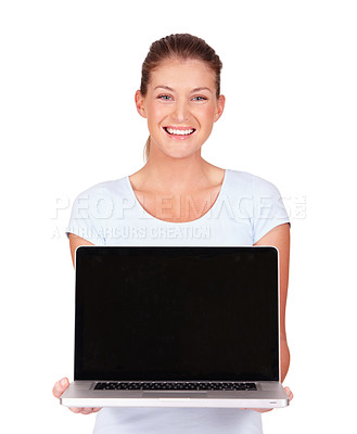 Buy stock photo Woman, blank laptop and studio portrait with smile, mockup space and promo by isolated by white background. Model girl, student and computer with happiness for education, research or studying on web
