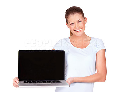 Buy stock photo Isolated woman, laptop screen and studio portrait with smile, mockup space and promo by white background. Model girl, student and computer with copyspace for education, research and studying on web