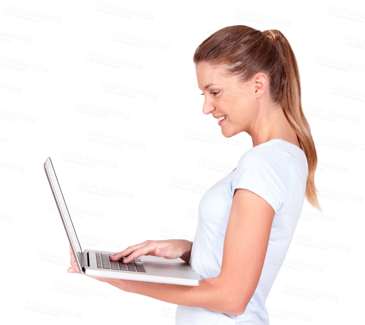 Buy stock photo Happy woman, laptop and online research standing isolated against a white studio background. Excited female with smile working on computer or technology for browsing, email or networking on mockup