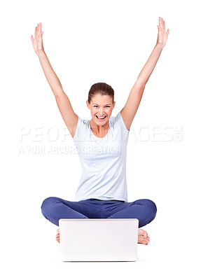 Buy stock photo Celebrate, laptop and woman winner in a studio for online sports bet success or achievement. Happy, smile and portrait of a female person in celebration with a computer isolated by a white background