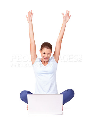 Buy stock photo Celebrate, winner and woman in a studio with laptop for online sports bet success or achievement. Happy, celebration and female person winning with a smile and computer isolated by a white background