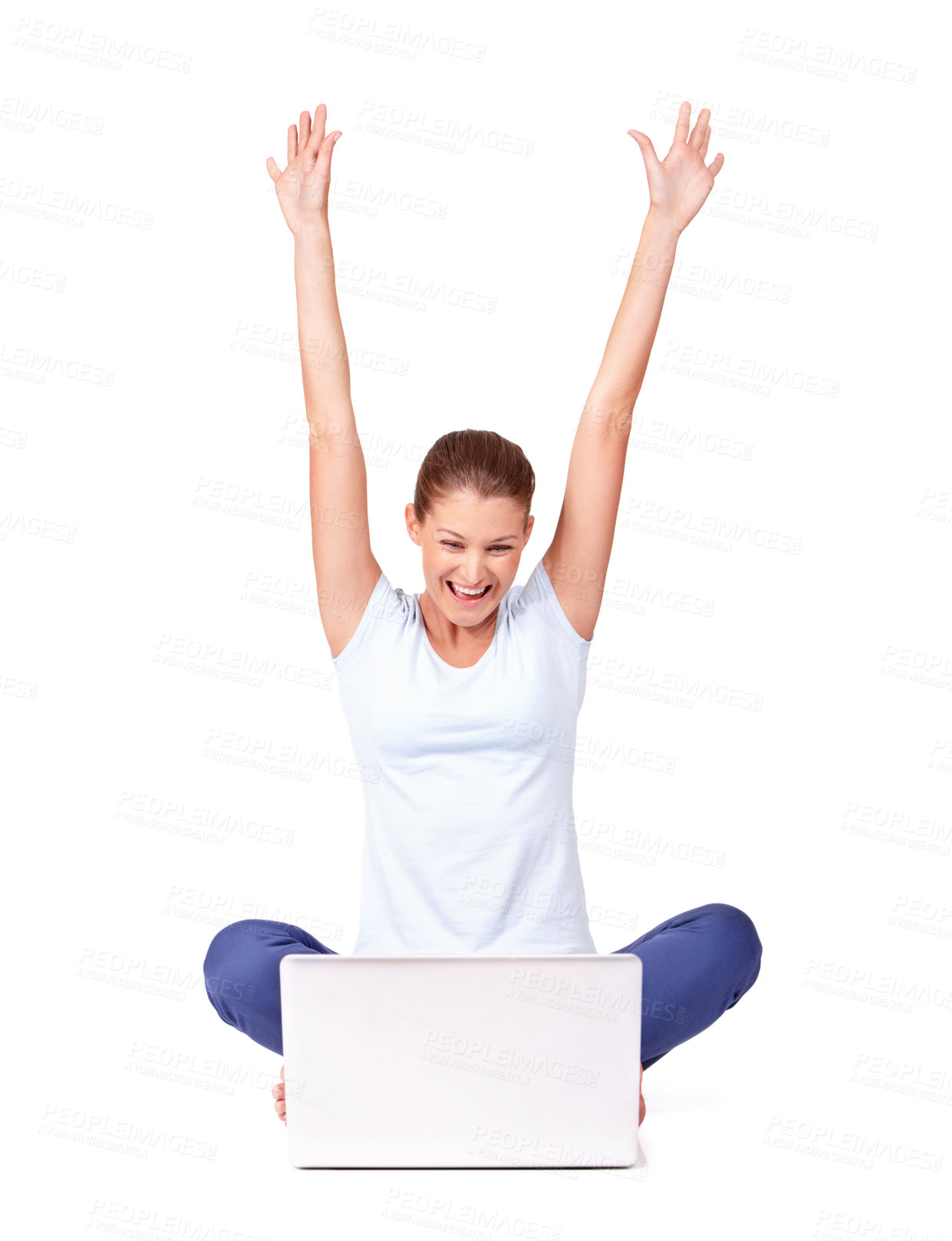 Buy stock photo Celebrate, winner and woman in a studio with laptop for online sports bet success or achievement. Happy, celebration and female person winning with a smile and computer isolated by a white background