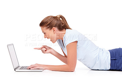 Buy stock photo Studio laptop, excited and woman point at online advertising news, sales promo or social media info, ads or commercial. Wow, internet and floor person gesture at network offer on white background