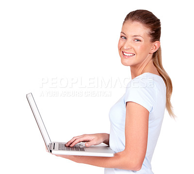 Buy stock photo Isolated woman, laptop and studio portrait with smile, typing and search on internet by white background. Model girl, student and computer with happiness for education, research or studying on web