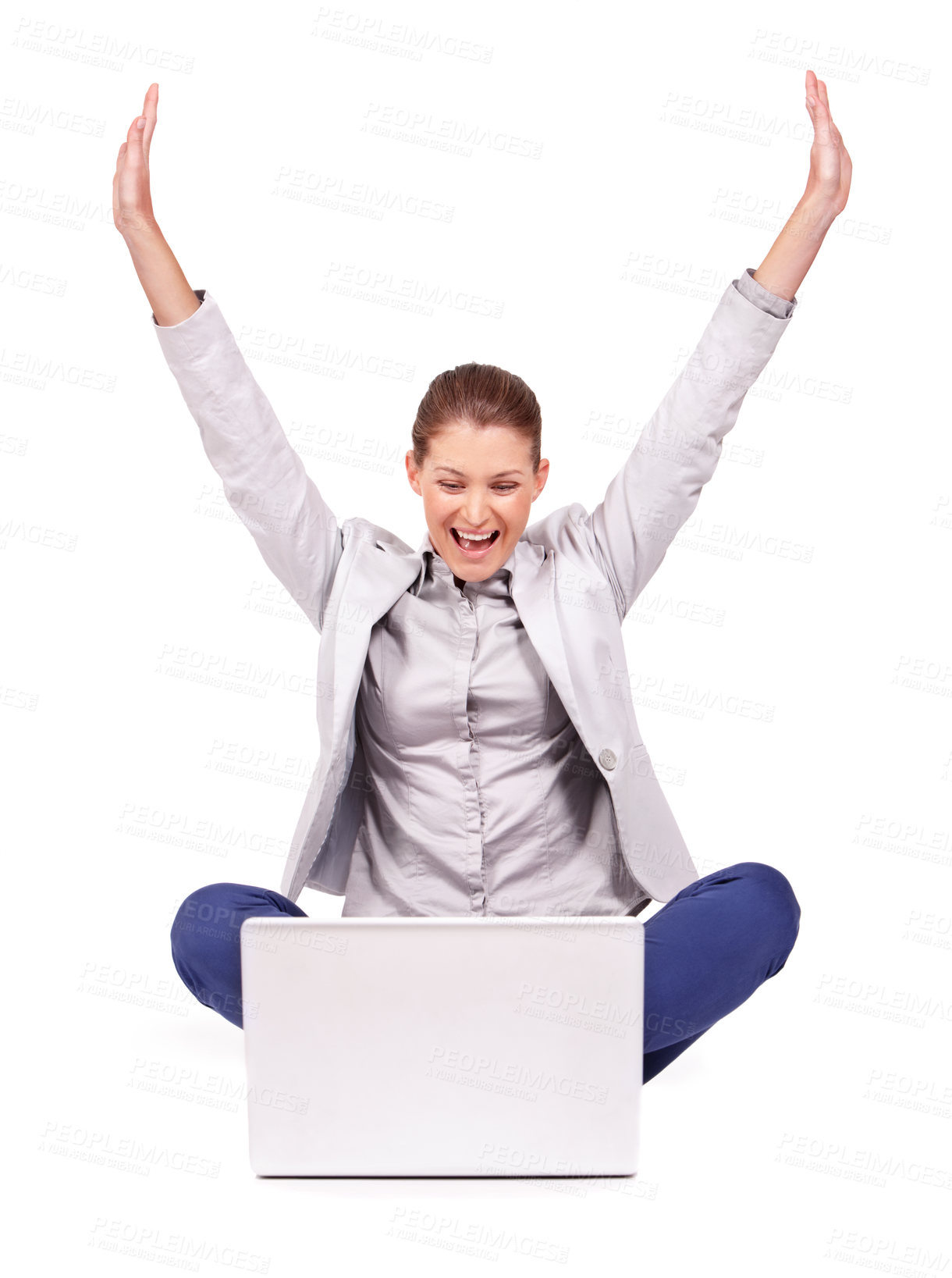 Buy stock photo Celebration, winning and businesswoman in a studio with laptop for online sports bet success. Happy, celebrate and professional female person with a smile and computer isolated by a white background.