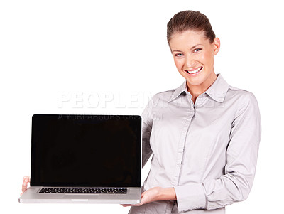 Buy stock photo Portrait of happy woman, laptop and mockup in white background, isolated studio and advertising screen. Female model holding computer in presentation, online space or promotion of website coming soon