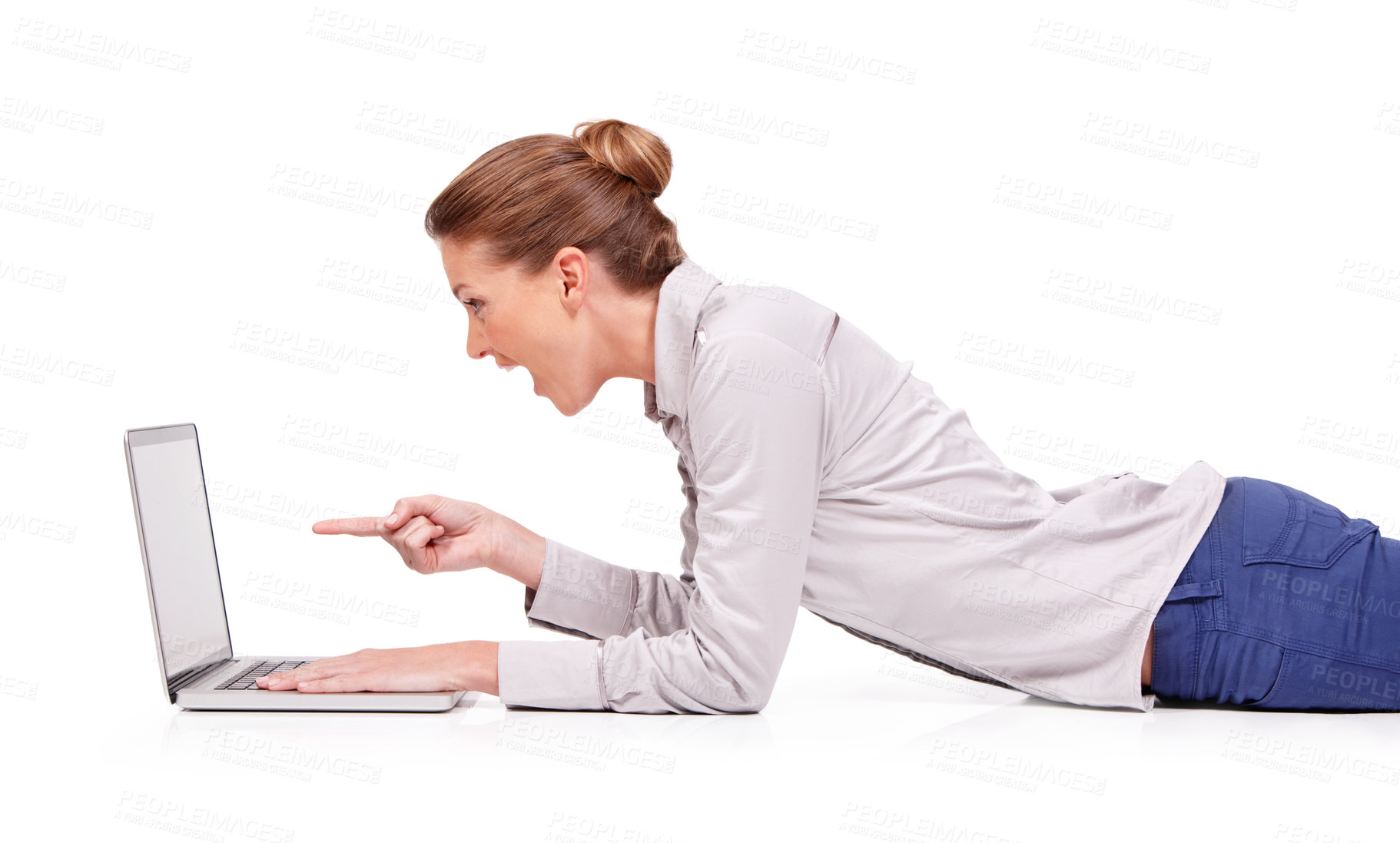 Buy stock photo Studio laptop, excited and happy woman point at news, email promo or social media info, ads data or commercial. Wow, floor and person gesture at online shop, omnichannel or offer on white background