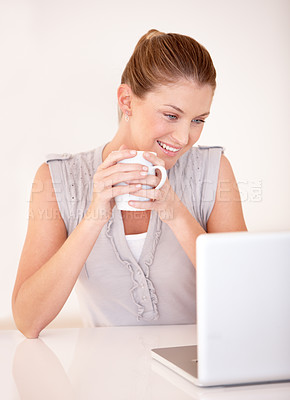 Buy stock photo Relax, coffee and smile with woman and laptop for social media, streaming and website. Technology, internet and networking with female freelancer online at home for remote work, tea and email