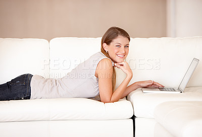 Buy stock photo Smile, laptop and portrait of woman sofa in living room for social media, streaming and website. Search, technology and digital with female user typing at home for connection, email and internet