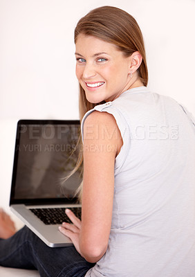 Buy stock photo Relax, laptop screen and portrait with woman in living room for social media, mockup and website. Search, technology and digital with female user typing at home for connection, email and internet